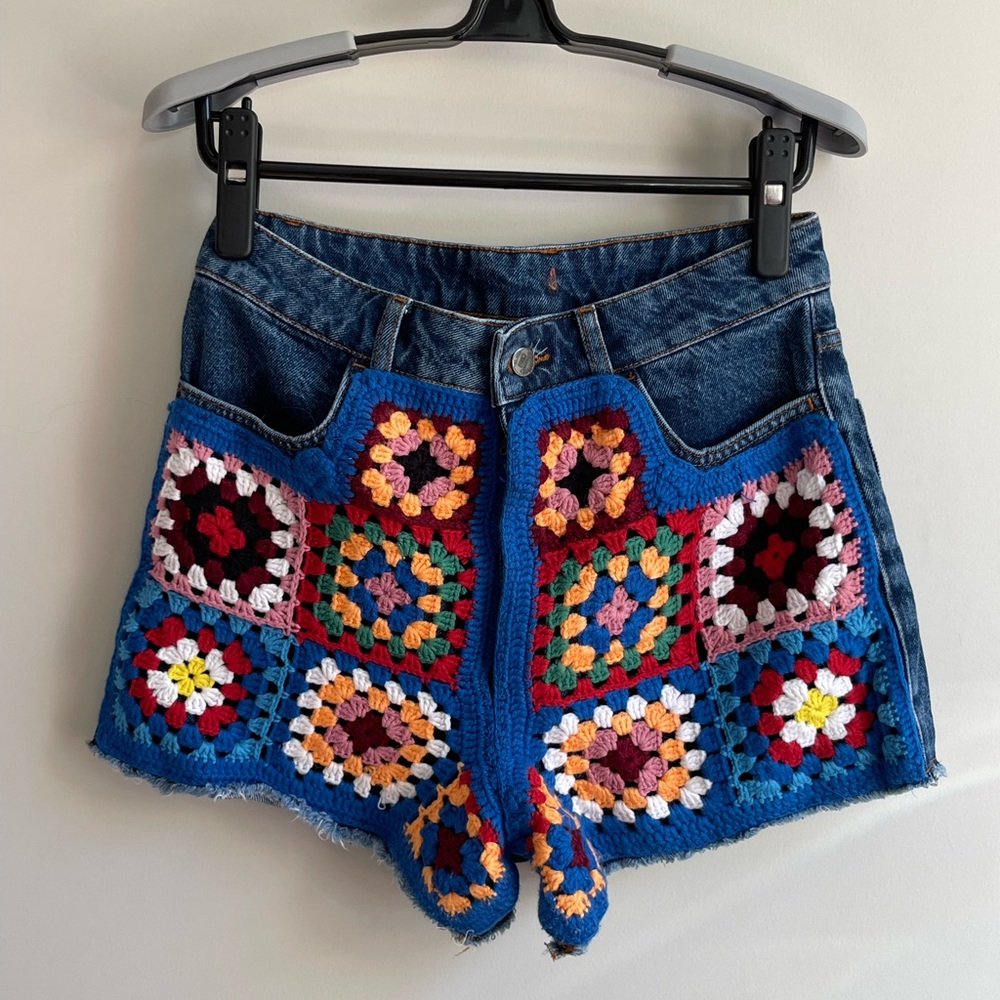 FarmRio Colorful Crochet Patchwork Denim Shorts